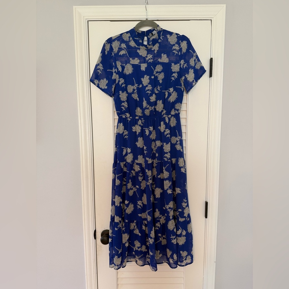 Lulu's Royal Blue and Cream Floral Midi Dress